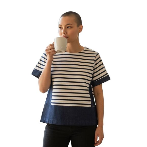 AG Adriano Goldschmied Striped Denim Short Sleeve Top XS Navy White Back Zipper - Picture 2 of 11